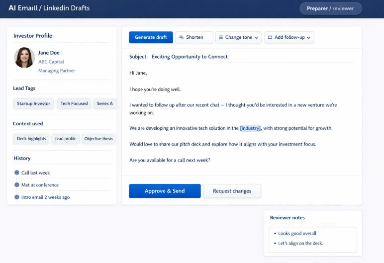 AI outreach drafts screenshot